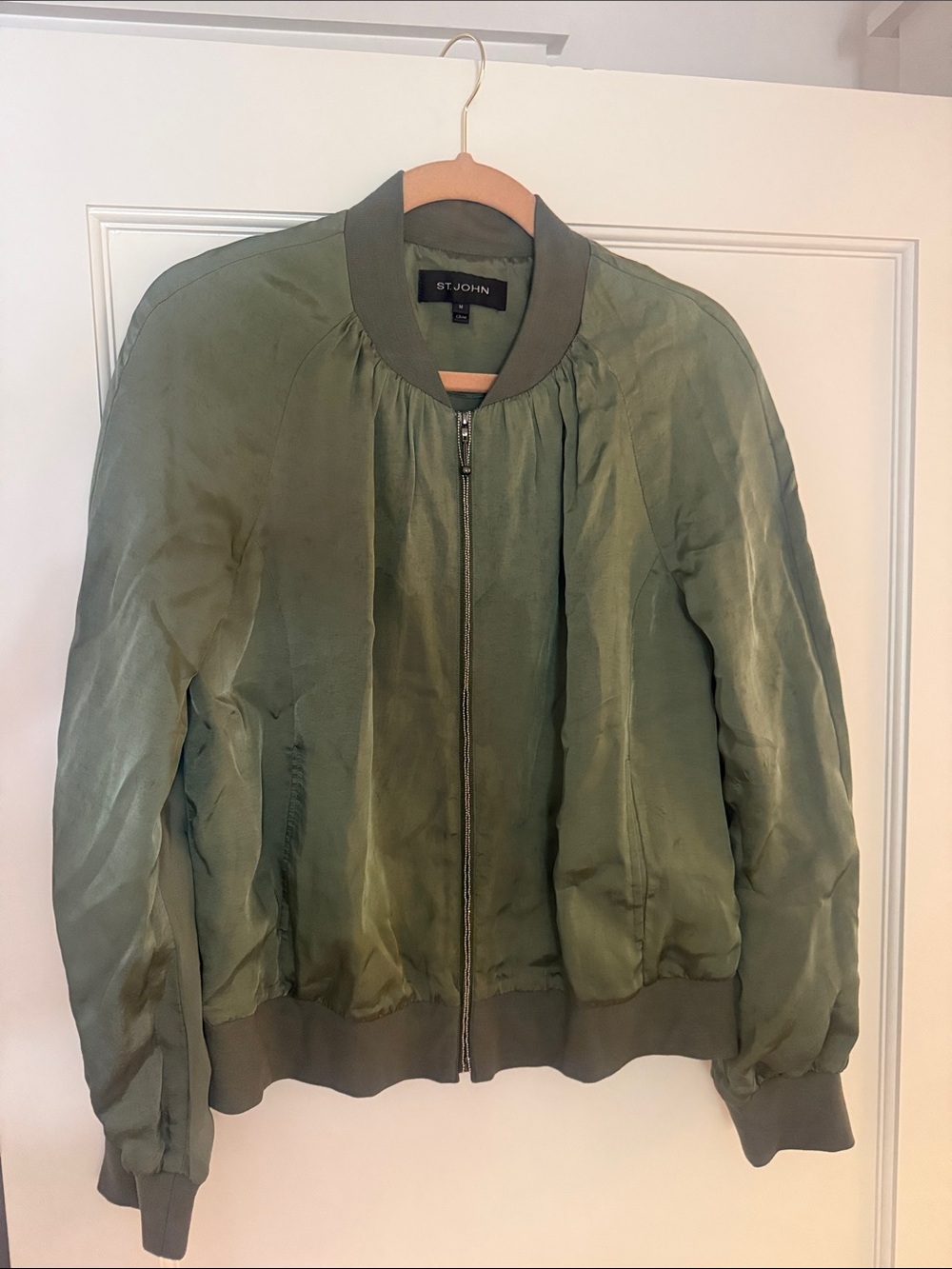 St. John Olive Green Satin Bomber Jacket with Ribbed Trim, medium